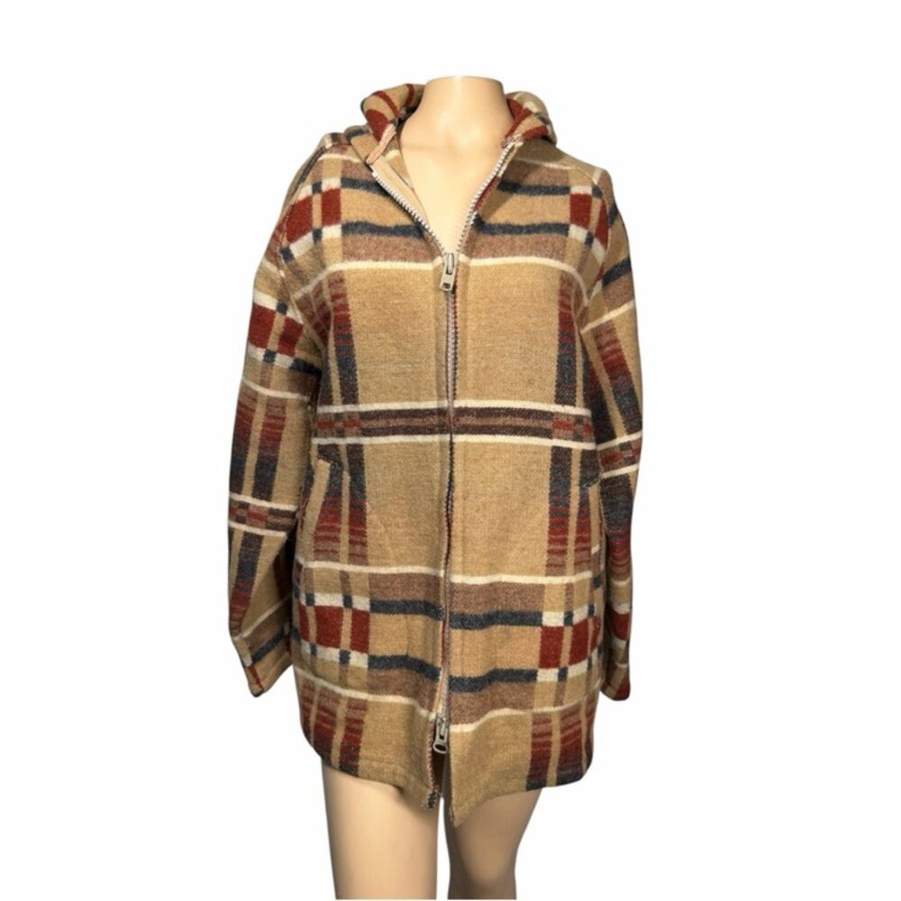 Vintage Norm Thompson Plaid Hooded Wool Blend Jacket Coat Portland Oregon M